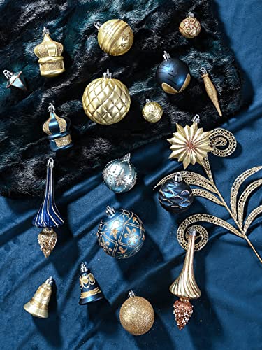 Blue and Gold Christmas Ornaments Set - Shatterproof Holiday Tree Decorations, 2-Pack