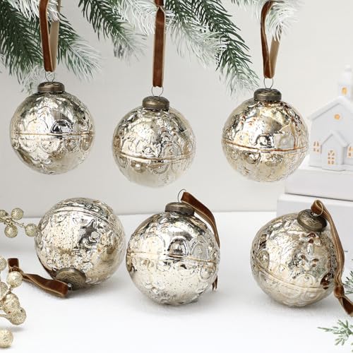Champagne Gold Mercury Glass Christmas Ornaments - Etched, 6 Pack