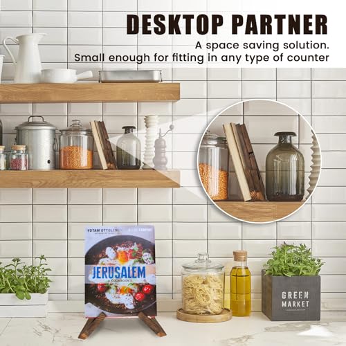 Canareen Rustic Brown Wooden Cookbook Stand for Kitchen Counter - Recipe Book Holder