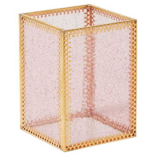 Glamlily Vintage Pink Glass Makeup Brush Holder with Gold Brass Frame