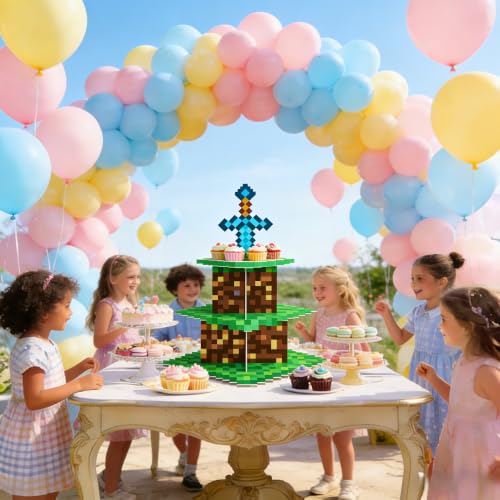 3-Tier Pixel Art Cupcake Stand for Retro Gaming & Anime Parties