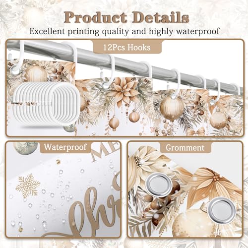 White and Gold Merry Christmas Shower Curtain 72x72 Inch with Hooks