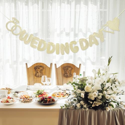 Wedding Day Banner with Hearts & Ring Shapes - Gold Glitter Wedding Decor