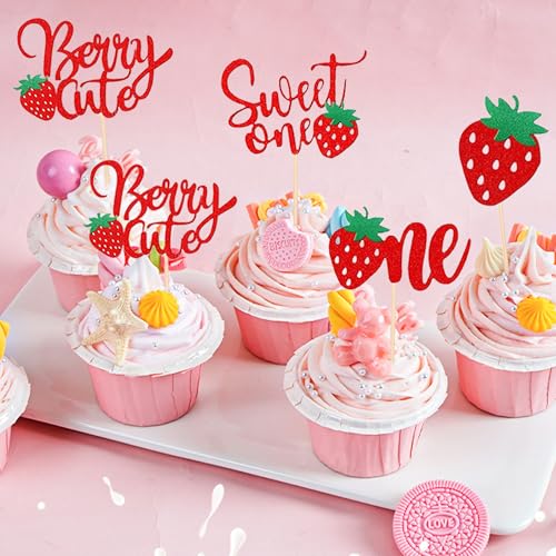 Glitter Strawberry 1st Birthday Cupcake Toppers - 12 Pcs Sweet One Party Supplies