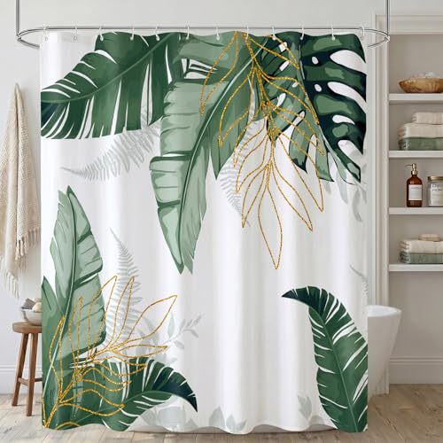Tropical Palm Leaf Shower Curtain, Green Gold Monstera, 72x72 Inch