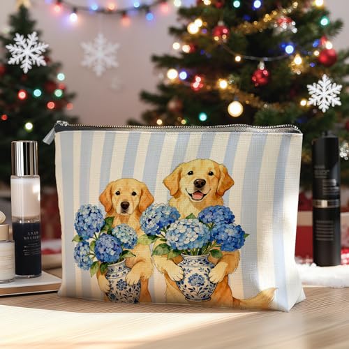 Golden Retriever Makeup Bag Blue Chinoiserie Floral Cosmetic Pouch