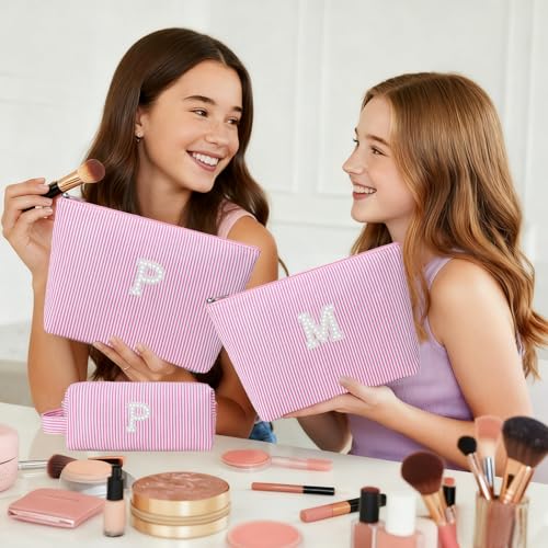 Initial Makeup Bag Personalized Striped Cosmetic Toiletry Pouch Pink M