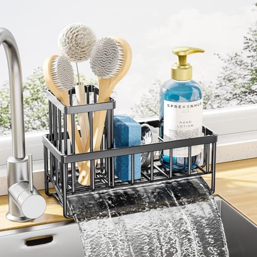 Kitsure Stainless Steel Kitchen Sink Caddy with Drip Tray, Black, 7.9-inch