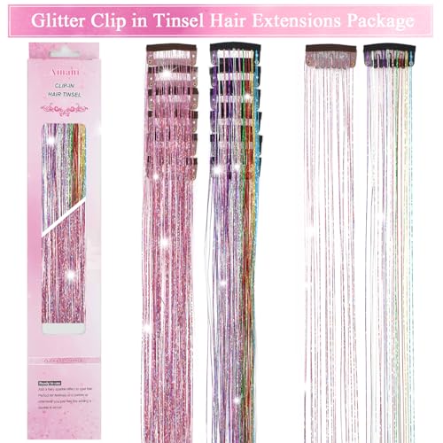 Ainani Clip In Hair Tinsel 12 Pcs 20 Inch Glitter Fairy Hair Extensions