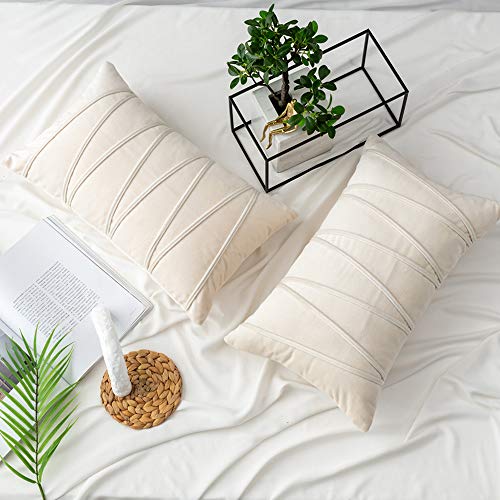Natus Weaver Ivory Velvet Throw Pillow Covers 12x20 Inch - Set of 2