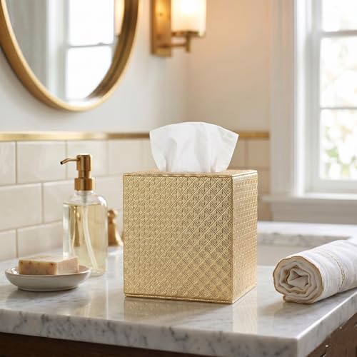 SUNYUROU Square Gold Tissue Box Cover, PU Leather Magnetic Tissue Holder