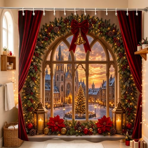 Christmas Shower Curtain Winter Cabin Scene Cardinals 72x72 Inches - Holiday Bathroom Decor