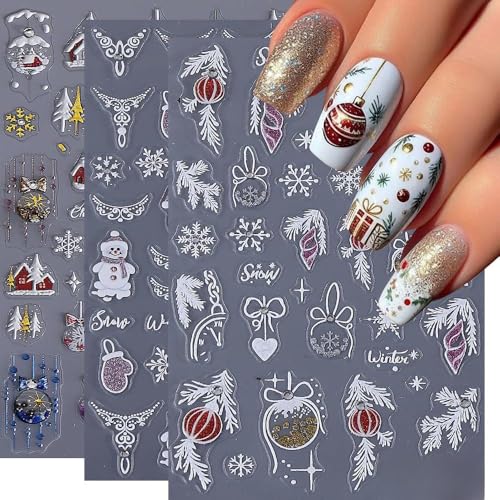 5D Embossed Winter Snowflake Nail Stickers Decals - 3 Sheets Christmas Holiday Nail Art Design