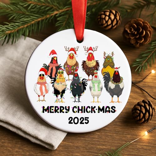 Merry Chick-Mas 2025 Ceramic Chicken Ornament - Farmhouse Decor