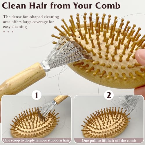 Zoolinn Mini Hair Brush Cleaner Set - 2PCS Wooden Handle Metal Wire Rake