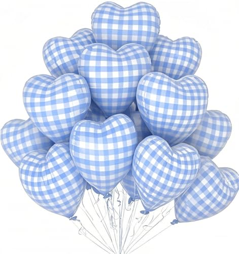 10 Pcs 18-Inch Blue Checked Heart Balloons - Pastel Gingham Foil Party Decor