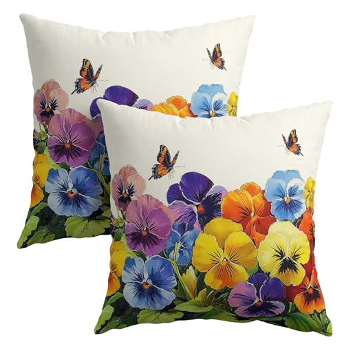 Spring Decorative Pillow Covers, 18x18 Inch Set of 2 - Pansy & Butterfly