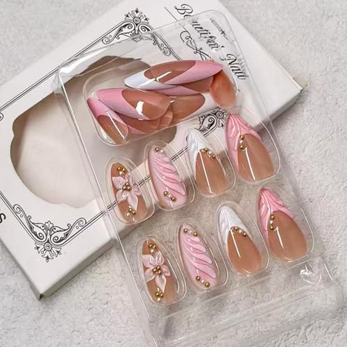 French Tip Press on Nails Medium Almond Fake Nails with 3D Floral