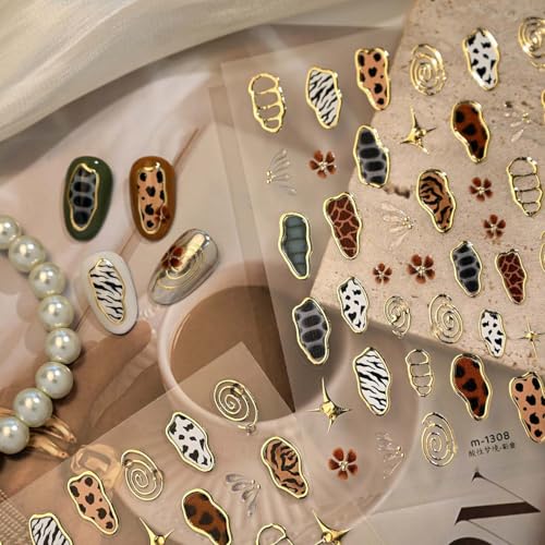 5D Embossed French Leopard Print Nail Stickers Flower Butterfly Decals