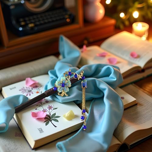 Blue Vintage Wooden Hair Stick with Tassel Flower Hairpin for Women