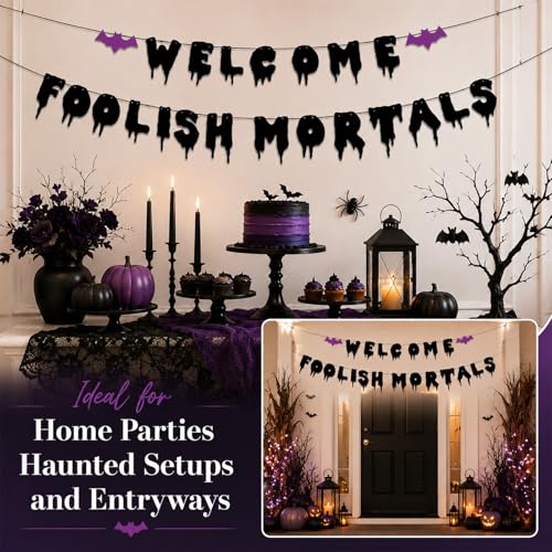 Welcome Foolish Mortals Halloween Banner Glitter Gothic Mansion Decor