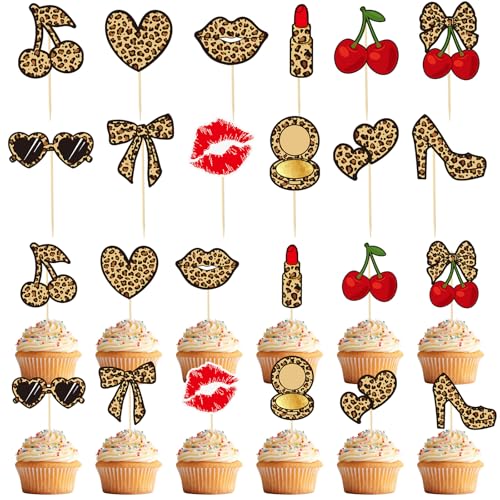 24 Pcs Leopard Print Cherry Cupcake Toppers for Birthday Parties