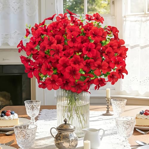 Roberly 12 Pcs Red Artificial Geranium Flowers for Outdoor Decor