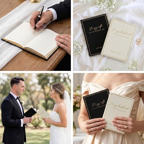 Elegant His and Her Wedding Vow Books - Black & White with Gold Foil