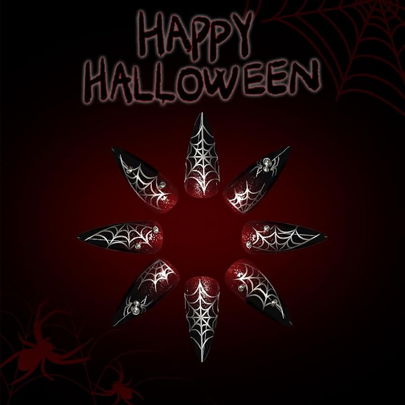 Halloween Press on Nails Long Pointed False Nails Red Glitter Spider Web