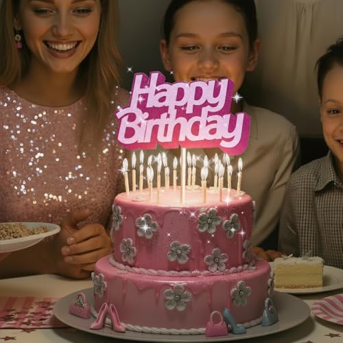 Hot Pink Glitter Happy Birthday Cake Topper - Sparkly Party Decor