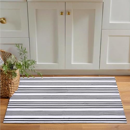 Black and White Striped Rug 28"x43" - Durable Hand-Woven Door Mat