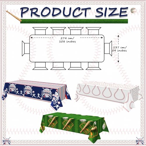 OQOQ Baseball Party Decorations Tablecloth Set - 3 Packs, 108x54 Inches