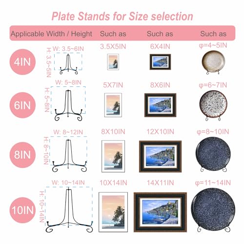 HENABLE 4-Inch Decorative Black Iron Plate Stands - 4 Pack Mini Easel Holders for Plates, Frames, and Cards