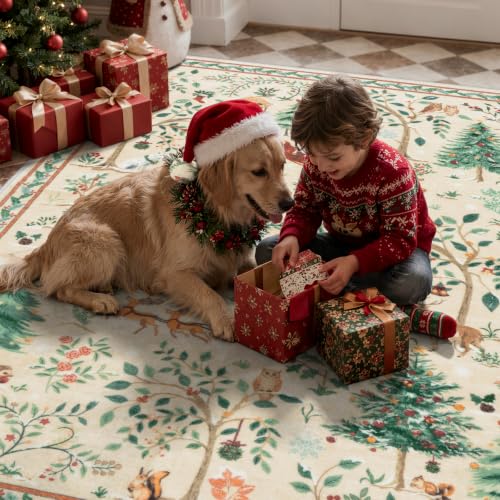 LIVEBOX 8x10 Christmas Area Rug - Neutral Beige Holiday Carpet with Reindeer and Forest Scene