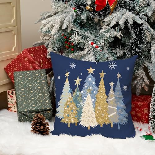 Christmas Watercolor Tree Pillow Cover 20x20 Inch Holiday Sofa Decor Blue
