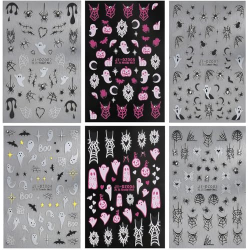 Halloween Nail Stickers 6 Sheets 3D Self-Adhesive Ghost Spider Decals