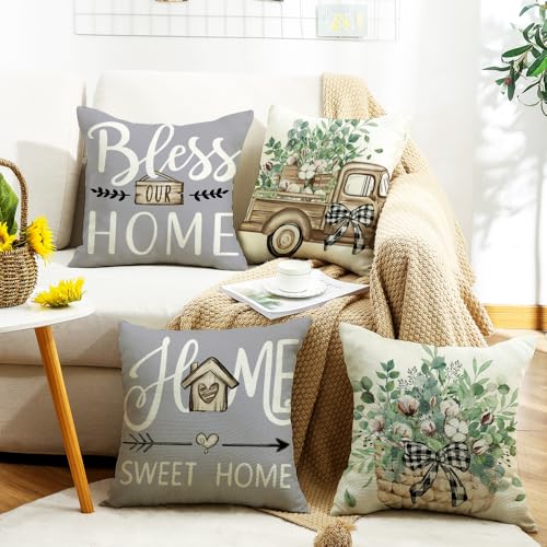 Wyooxoo Dark Grey Linen Throw Pillow Covers Set of 4 18x18 Inches Farmhouse Sofa Decor