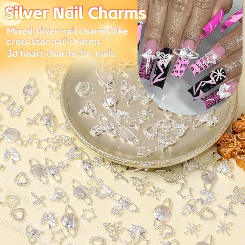 110 Pcs Silver Nail Art Charms Set - Cross, Star & Butterfly Designs