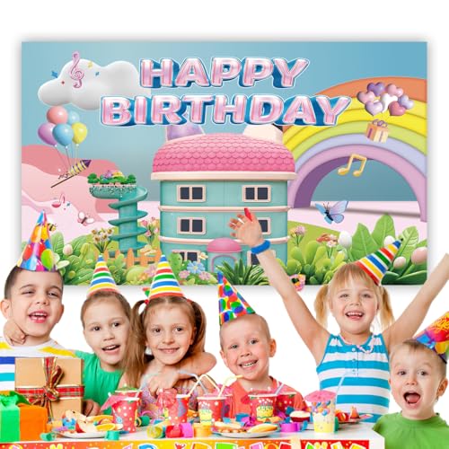 Rainbow Dollhouse Birthday Party Backdrop 5x3ft | Bright Decor
