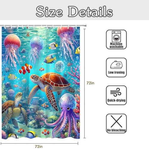 Waterproof Jellyfish Turtle Shower Curtain - Ocean Theme 72x72
