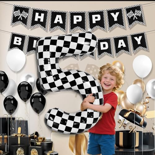 40-Inch Checkered Number 5 Balloon Race Car Party Decoration