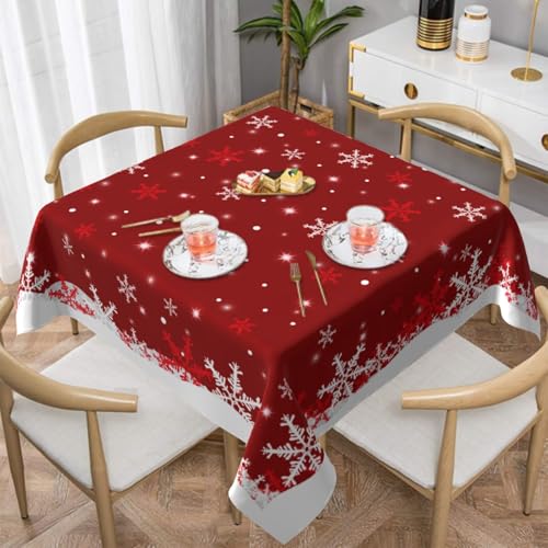 Christmas Tablecloth Square 54x54 Inch Red Snowflake Water-Resistant Fabric Holiday Decor Variation of White Red Snowflake