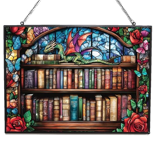 Whimsical Dragon on Bookshelves Stained Glass Suncatcher - Rectangular