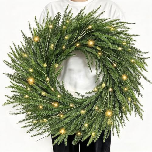 24-Inch Pre-Lit Christmas Wreath with 50 LED Lights for Front Door