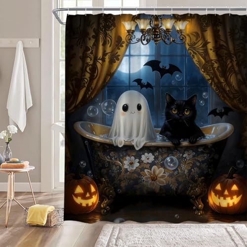 Spooky Halloween Shower Curtain 70" x 70" with Hooks - Ghosts, Cats, Pumpkins, and Bats