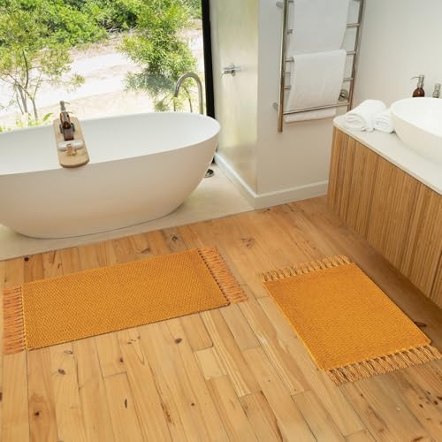 KIBAGA Set of 2 Mustard Boho Bathroom Rugs - Soft Cotton, Non-Slip, Washable