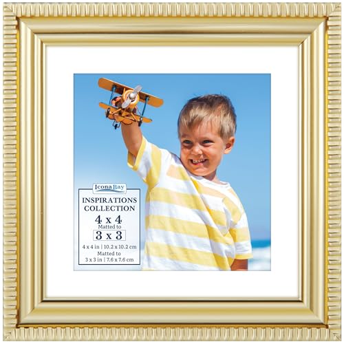 Icona Bay 4x4 Gold Picture Frame with Mat for 3x3 Photo, Wall or Tabletop