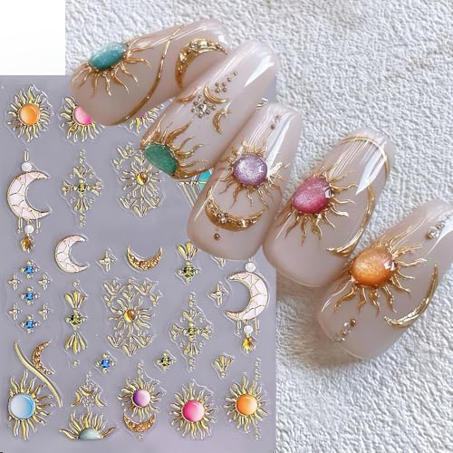 CnSybaris 5D Bohemian Nail Stickers - Metallic Gold Sun, Moon & Star Decals (2 Sheets)