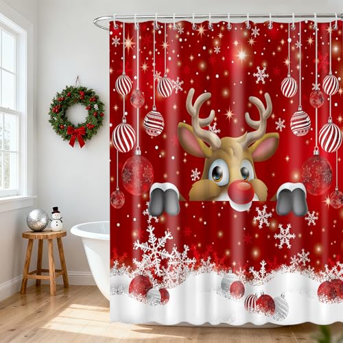 OTOSTAR Christmas Shower Curtain 72" Red Deer Design with Hooks