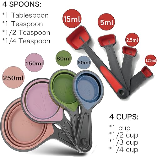 Collapsible Silicone Measuring Cups & Spoons Set - 8 Pieces, Pink & Orange